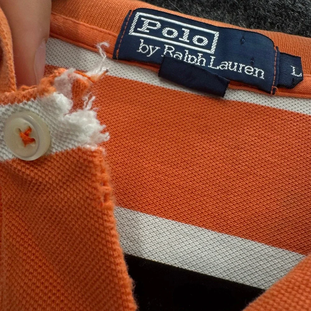 Vintage Polo Ralph Lauren Mens Orange White Striped Cotton Polo Shirt Large